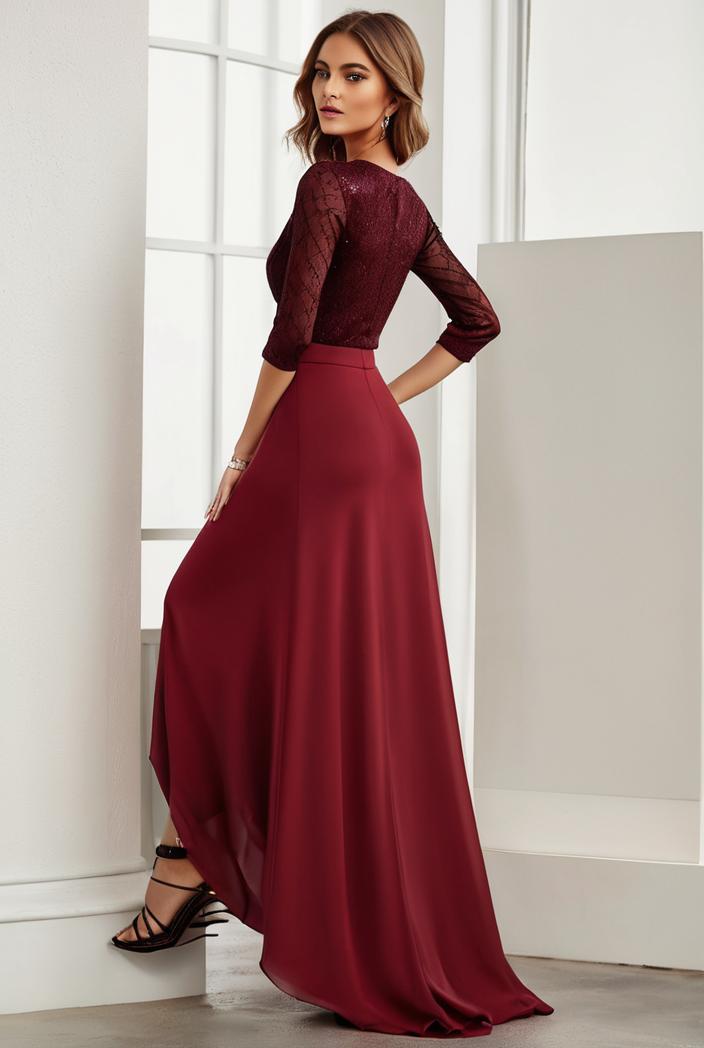 3 4 sleeve sheer sequin stripe high low hem evening dress 137012