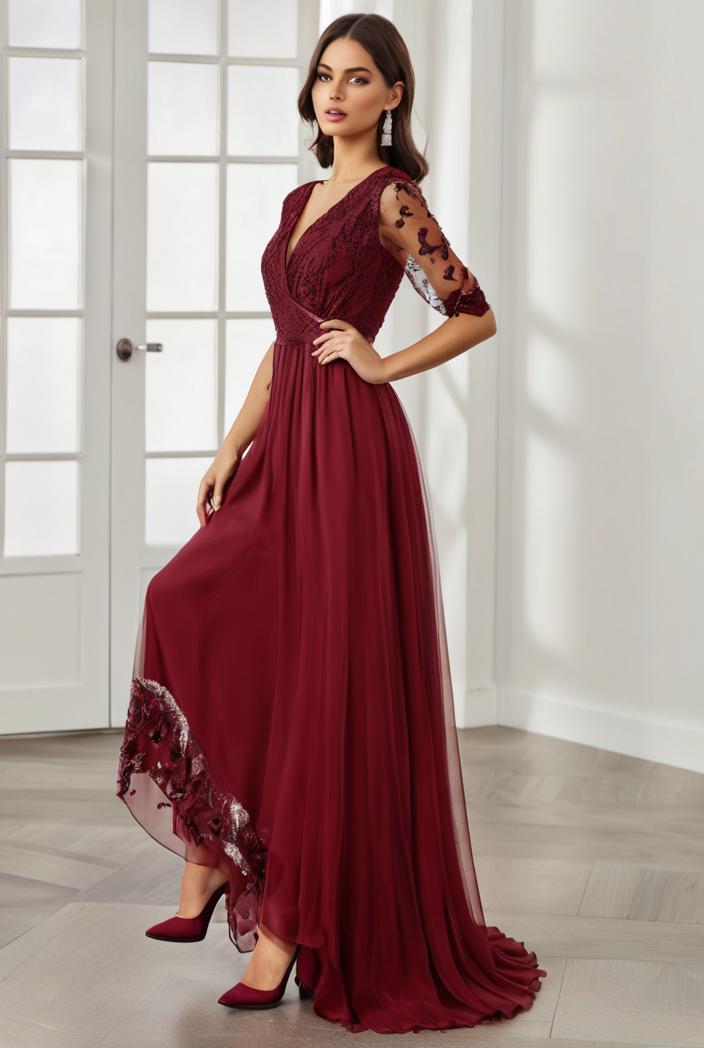 3 4 sleeve sheer sequin stripe high low hem evening dress 137013