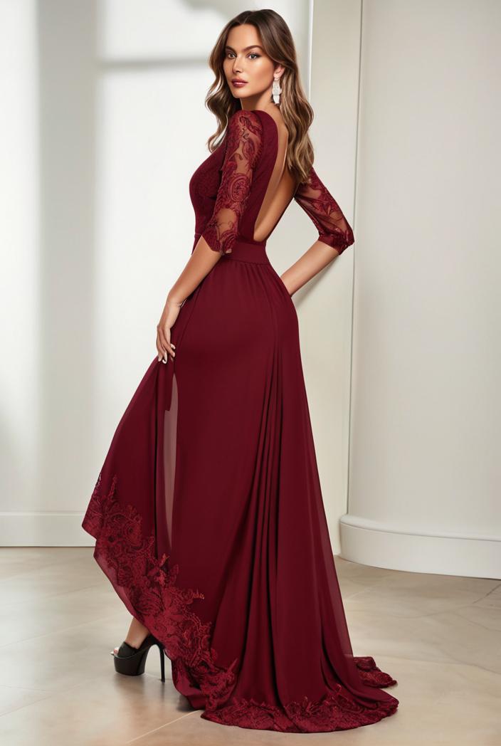 3 4 sleeve sheer sequin stripe high low hem evening dress 137016