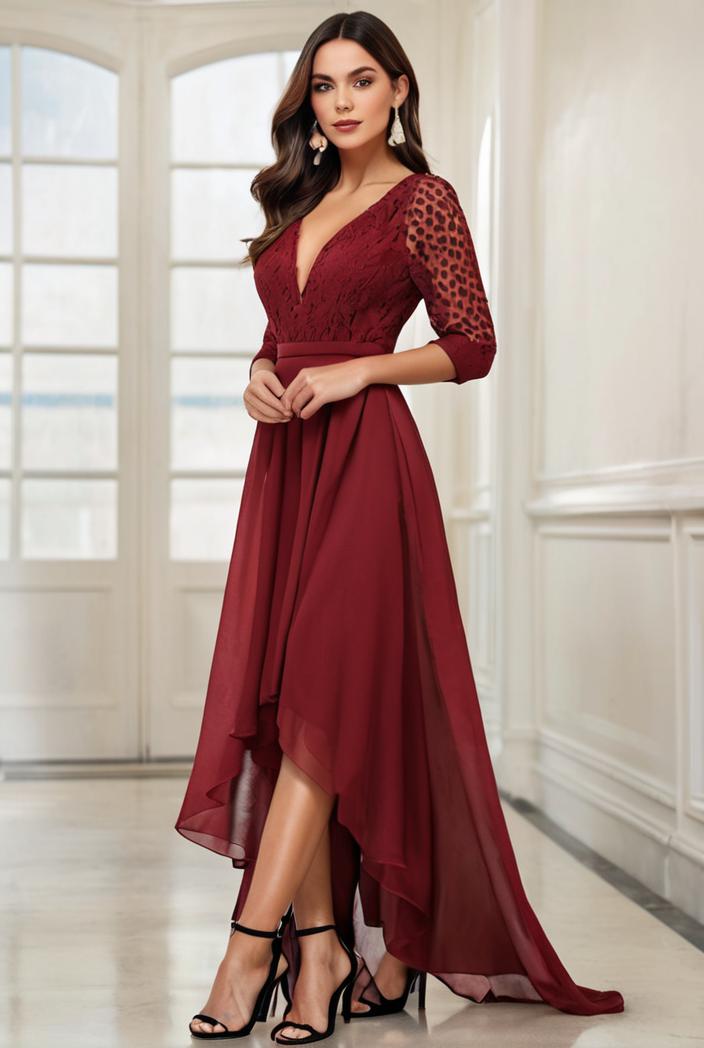 3 4 sleeve sheer sequin stripe high low hem evening dress 137022