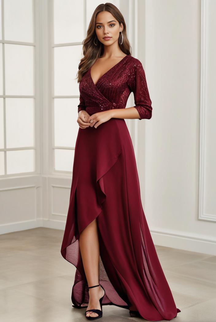3 4 sleeve sheer sequin stripe high low hem evening dress 131263