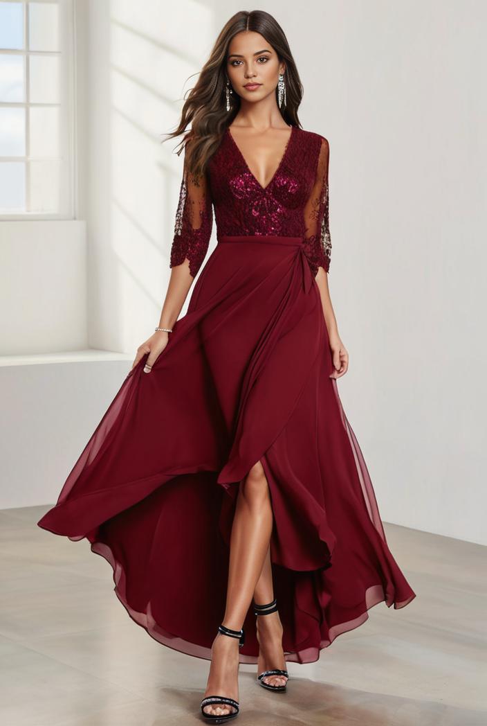 3 4 sleeve sheer sequin stripe high low hem evening dress 131269