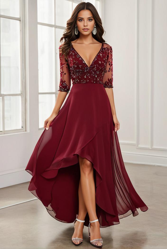 3 4 sleeve sheer sequin stripe high low hem evening dress 131270
