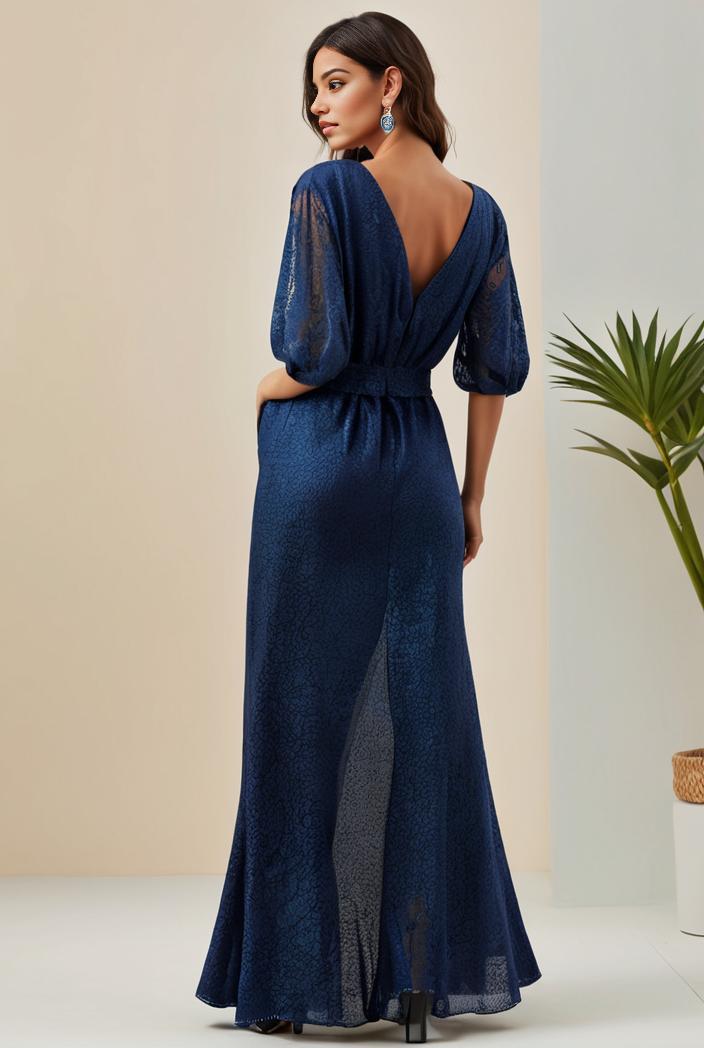 3 4 sleeve bodycon plunging back sequin evening dress 125011