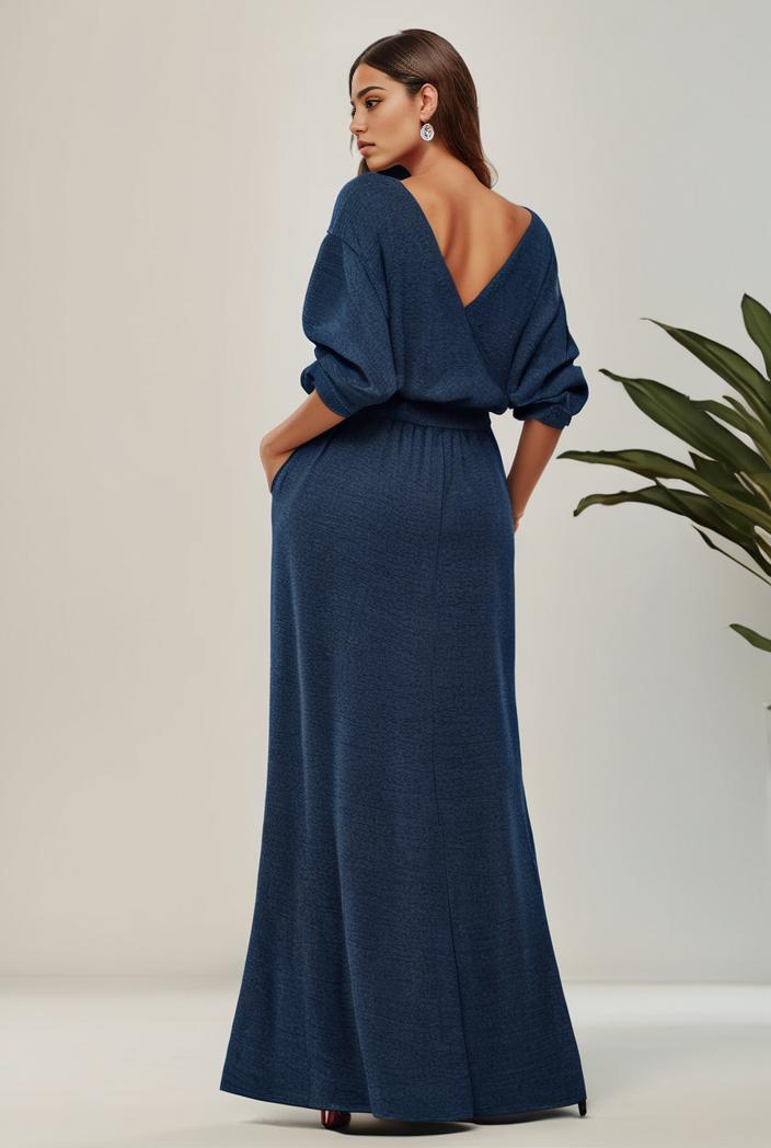 3 4 sleeve bodycon plunging back sequin evening dress 125016