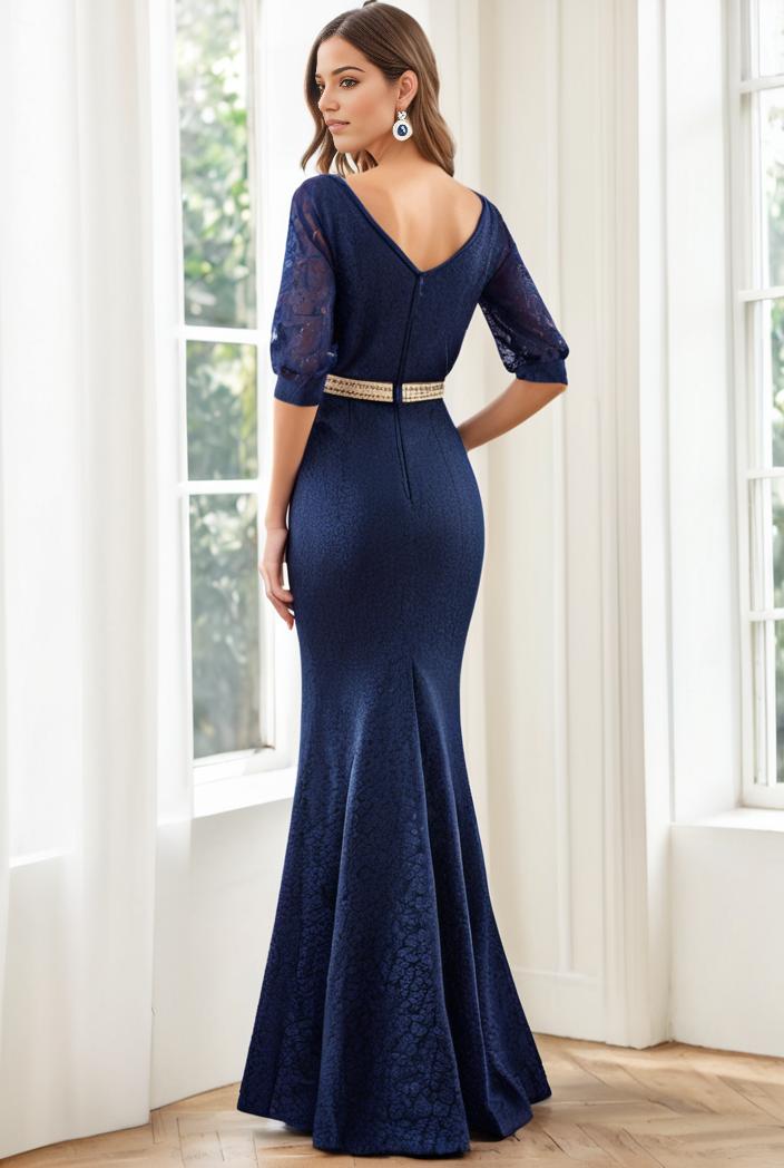 3 4 sleeve bodycon plunging back sequin evening dress 125023