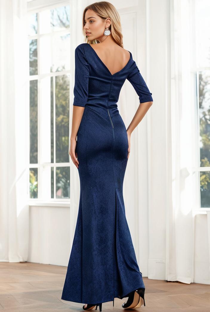 3 4 sleeve bodycon plunging back sequin evening dress 125025