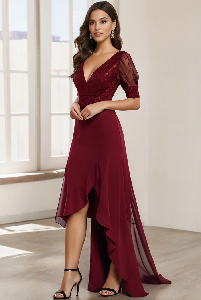 3 4 sleeve sheer sequin stripe high low hem evening dress 125042