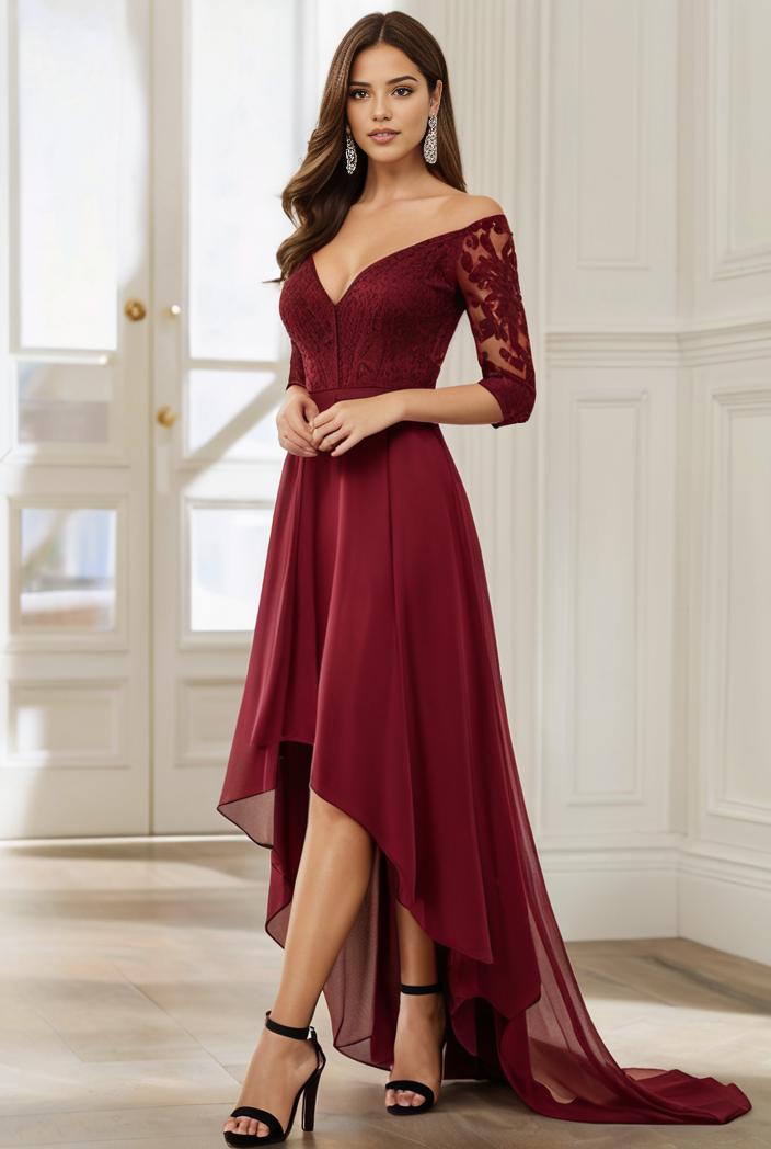 3 4 sleeve sheer sequin stripe high low hem evening dress 125046