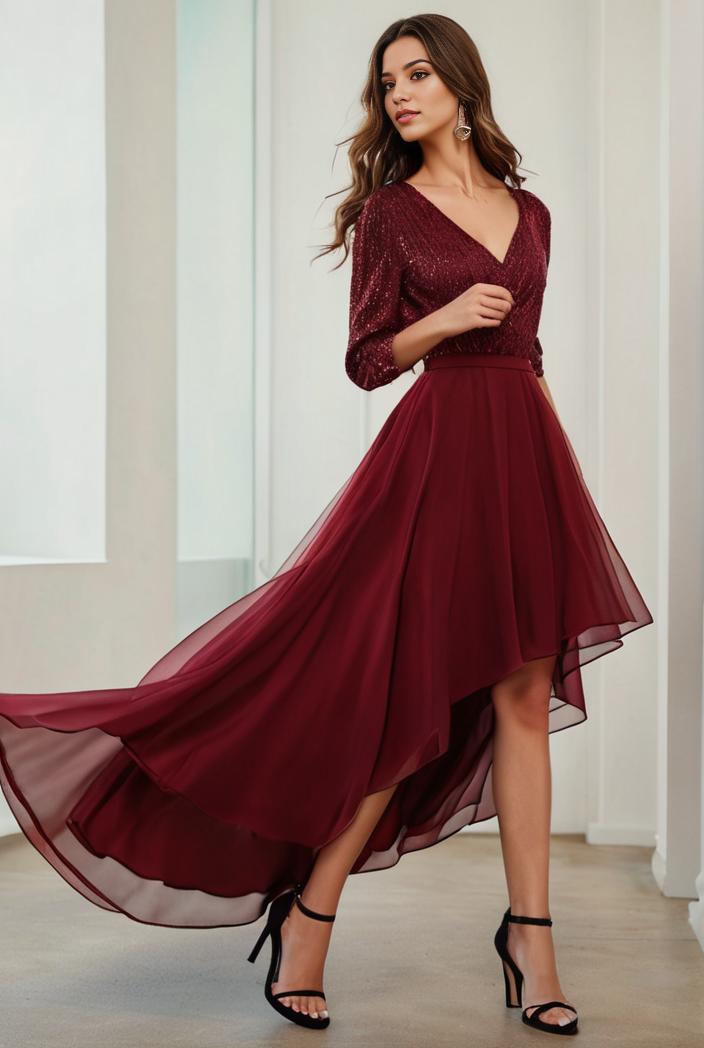 3 4 sleeve sheer sequin stripe high low hem evening dress 125057