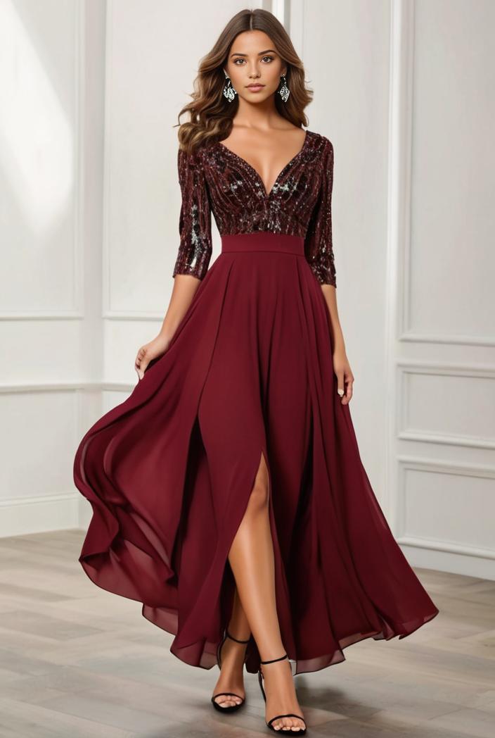 3 4 sleeve sheer sequin stripe high low hem evening dress 125060