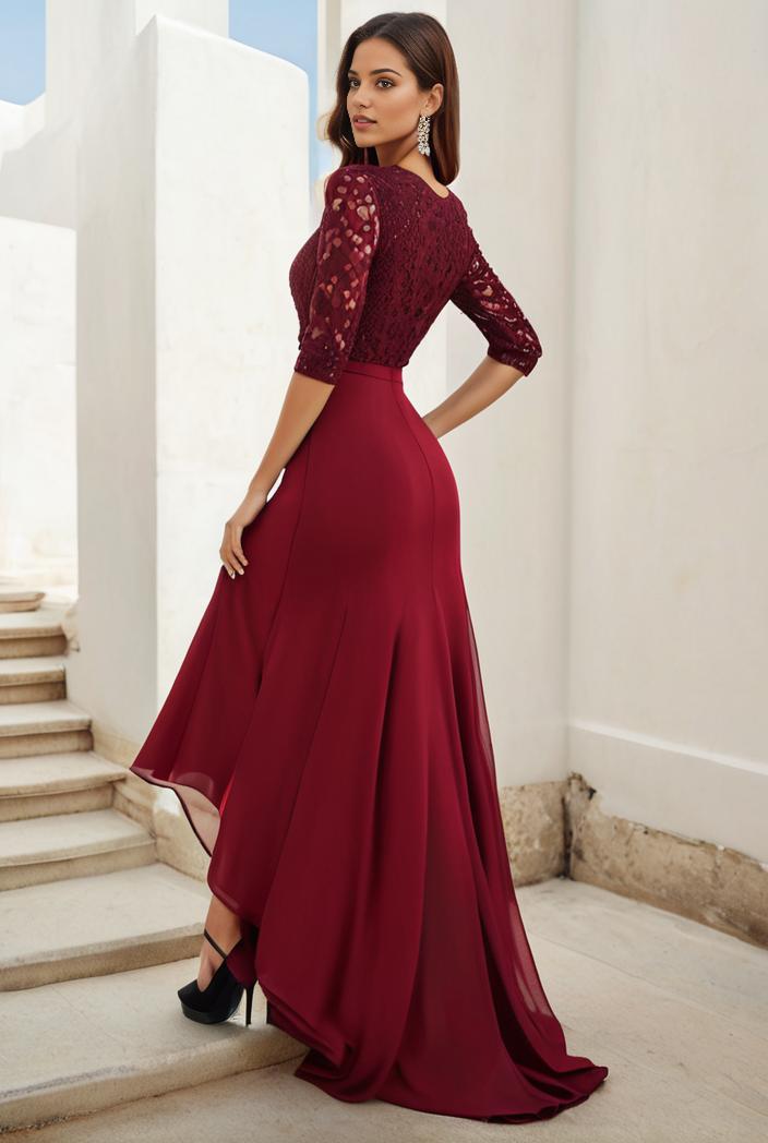 3 4 sleeve sheer sequin stripe high low hem evening dress 125069