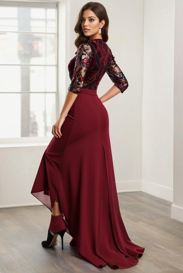 3 4 sleeve sheer sequin stripe high low hem evening dress 125073