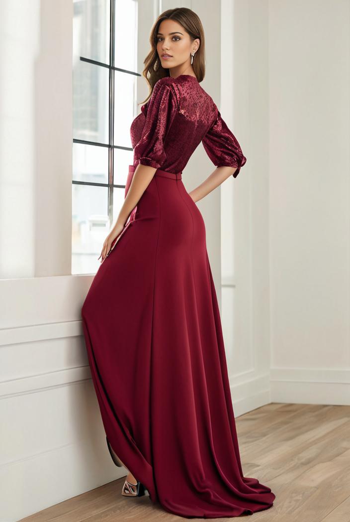 3 4 sleeve sheer sequin stripe high low hem evening dress 125087