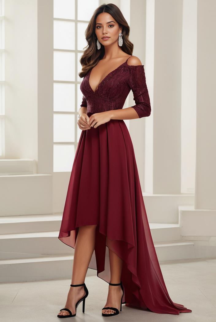 3 4 sleeve sheer sequin stripe high low hem evening dress 125091