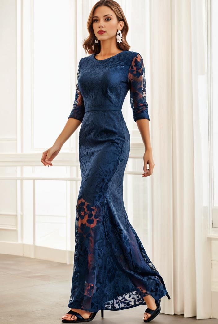 3 4 sleeve bodycon plunging back sequin evening dress 126055
