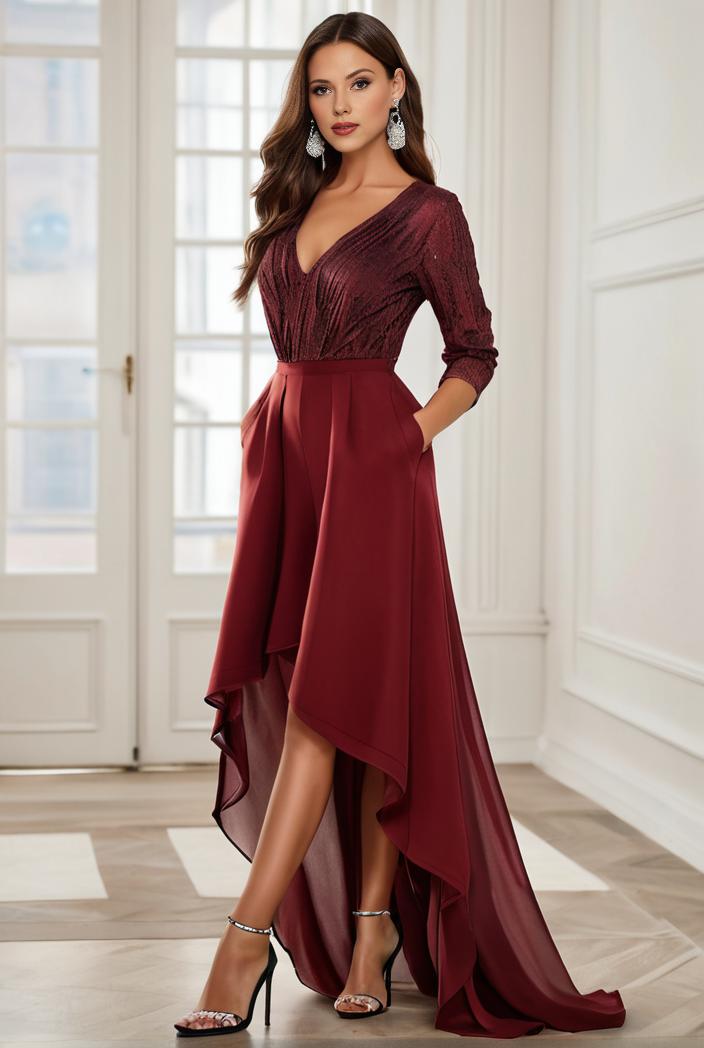 3 4 sleeve sheer sequin stripe high low hem evening dress 126117