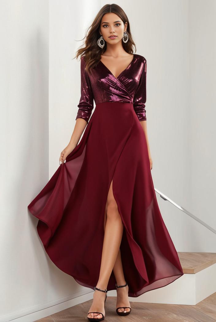 3 4 sleeve sheer sequin stripe high low hem evening dress 121175