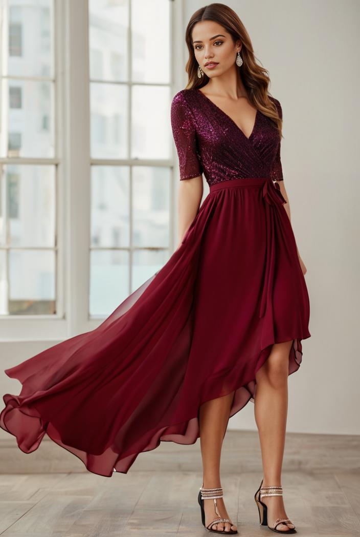 3 4 sleeve sheer sequin stripe high low hem evening dress 121187