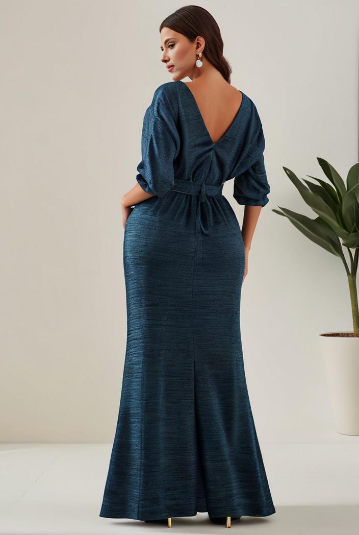 3 4 sleeve bodycon plunging back sequin evening dress 107601