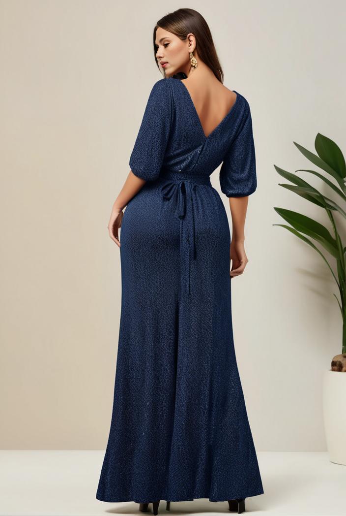 3 4 sleeve bodycon plunging back sequin evening dress 107603