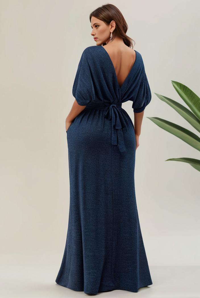 3 4 sleeve bodycon plunging back sequin evening dress 107604