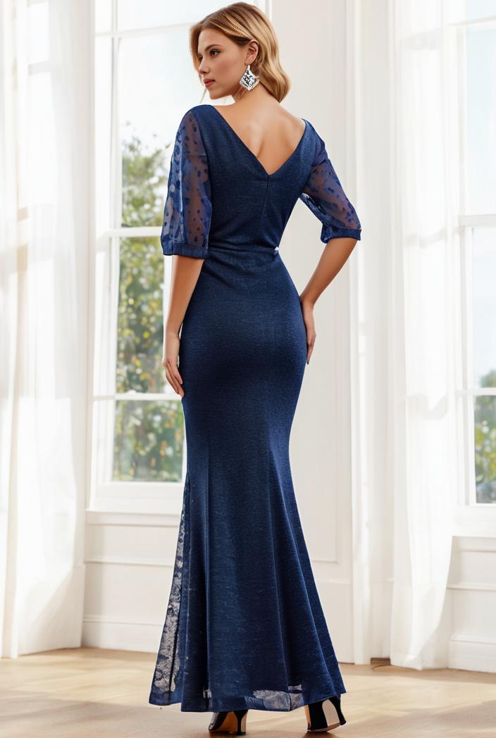3 4 sleeve bodycon plunging back sequin evening dress 107612