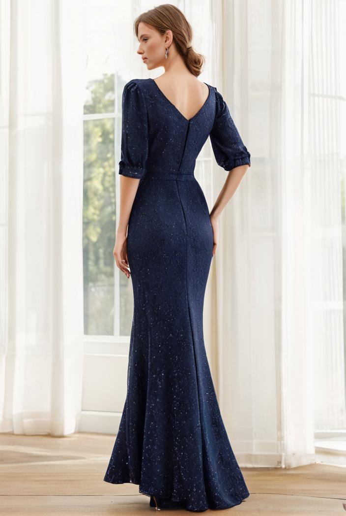 3 4 sleeve bodycon plunging back sequin evening dress 107613