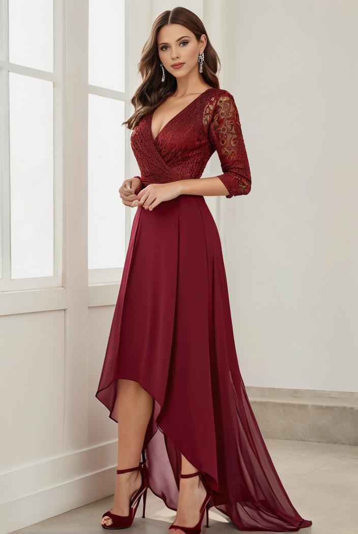 3 4 sleeve sheer sequin stripe high low hem evening dress 107640