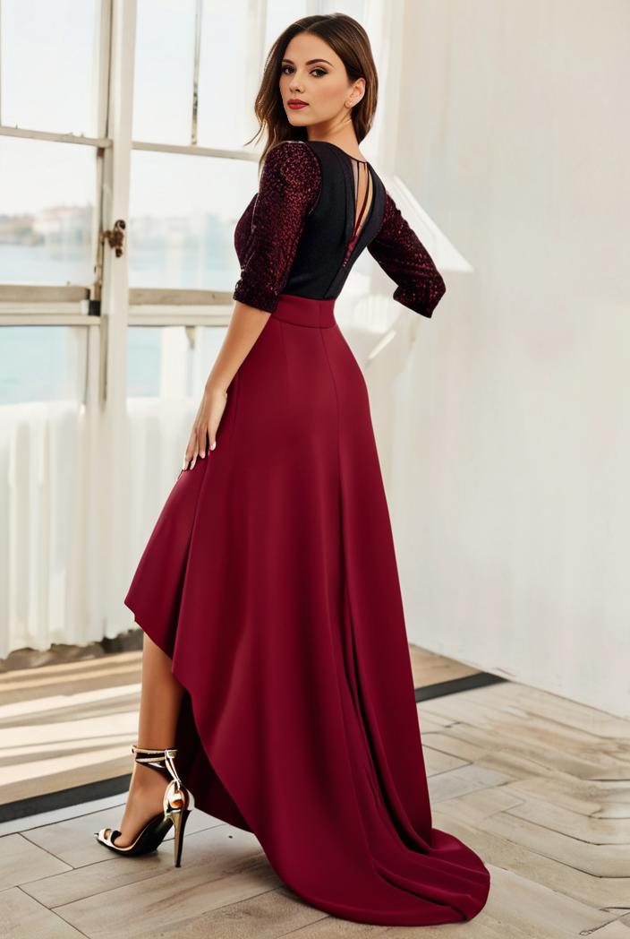 3 4 sleeve sheer sequin stripe high low hem evening dress 107677