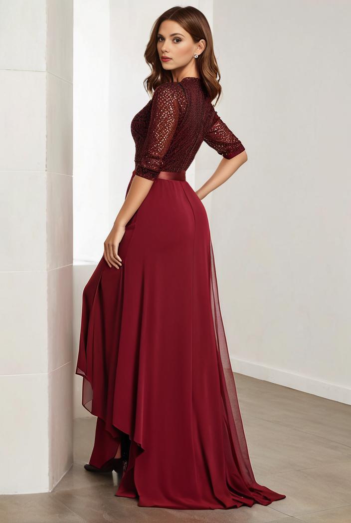 3 4 sleeve sheer sequin stripe high low hem evening dress 107680