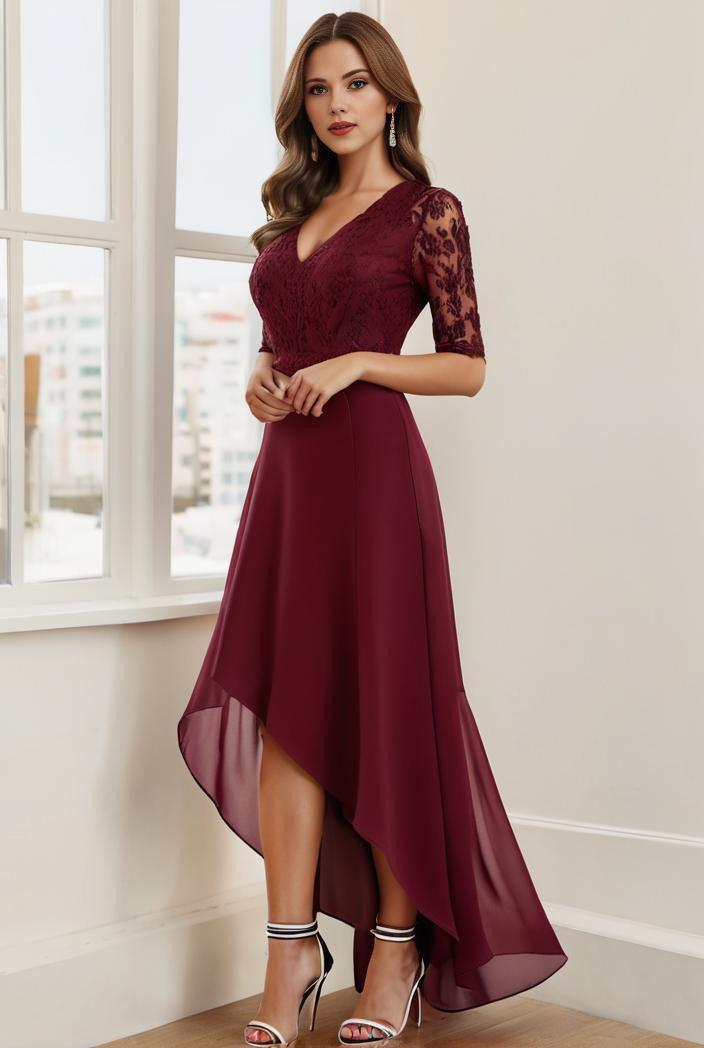 3 4 sleeve sheer sequin stripe high low hem evening dress 107684