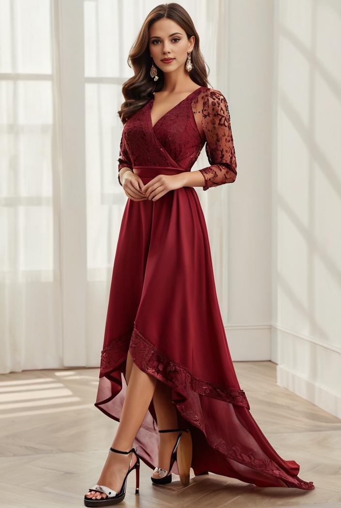 3 4 sleeve sheer sequin stripe high low hem evening dress 107685