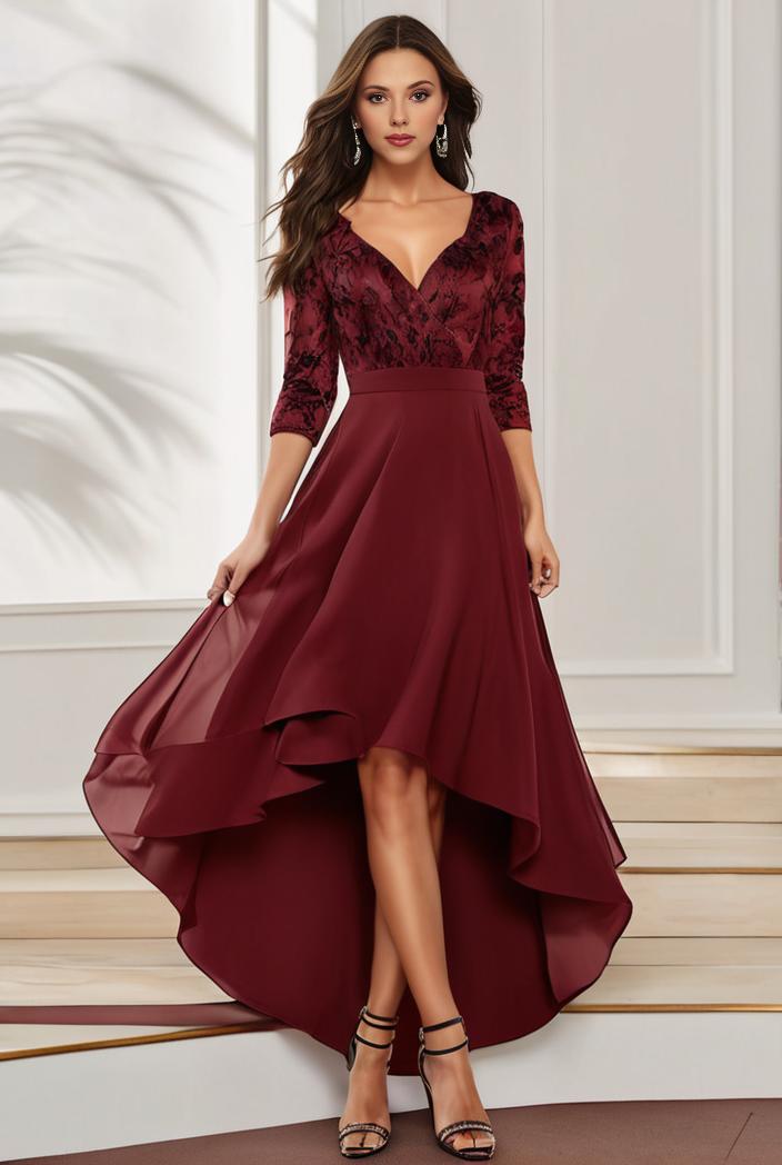 3 4 sleeve sheer sequin stripe high low hem evening dress 107689