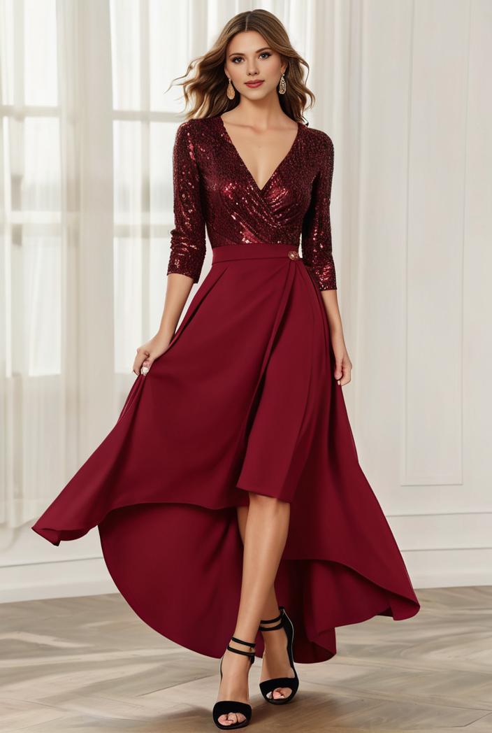 3 4 sleeve sheer sequin stripe high low hem evening dress 107693