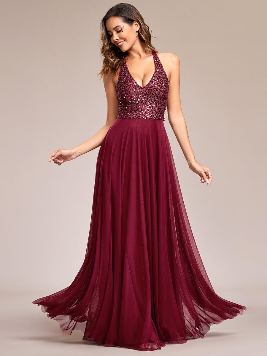 Sparkling Halter Neck A-Line Tulle Evening Gown with Sequins