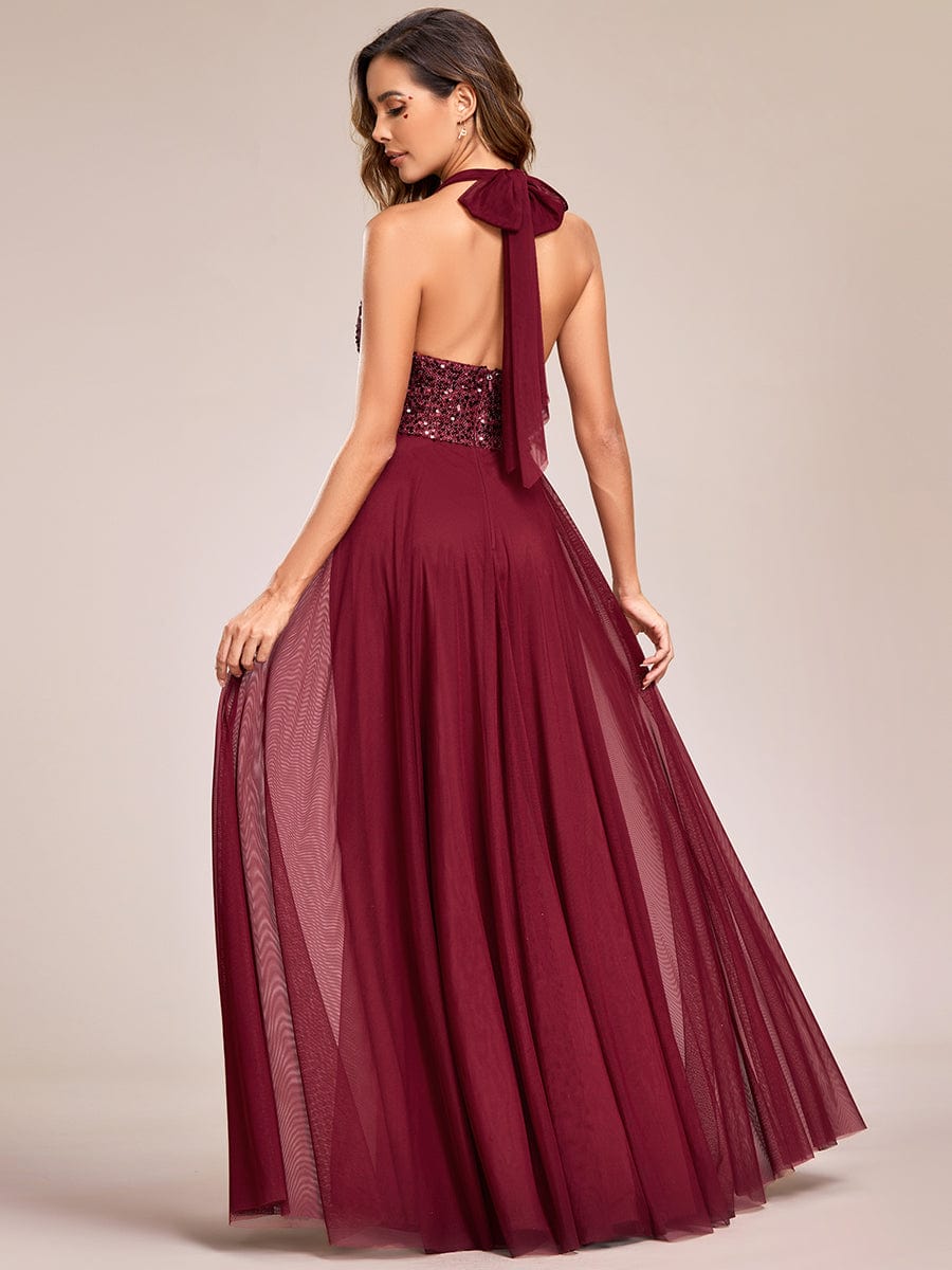 Sparkling Halter Neck A-Line Tulle Evening Gown with Sequins