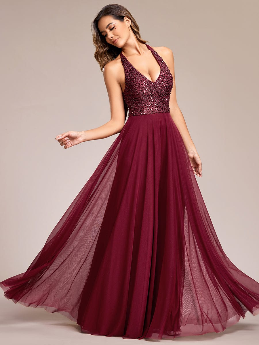 Sparkling Halter Neck A-Line Tulle Evening Gown with Sequins