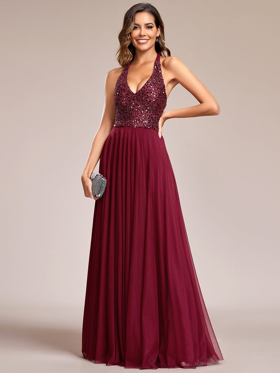 Sparkling Halter Neck A-Line Tulle Evening Gown with Sequins