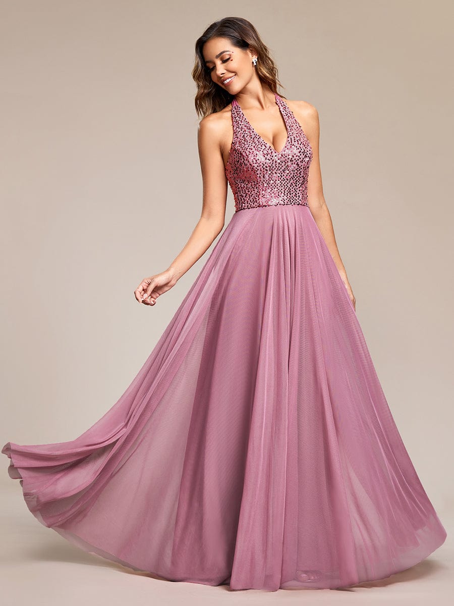 Sparkling Halter Neck A-Line Tulle Evening Gown with Sequins