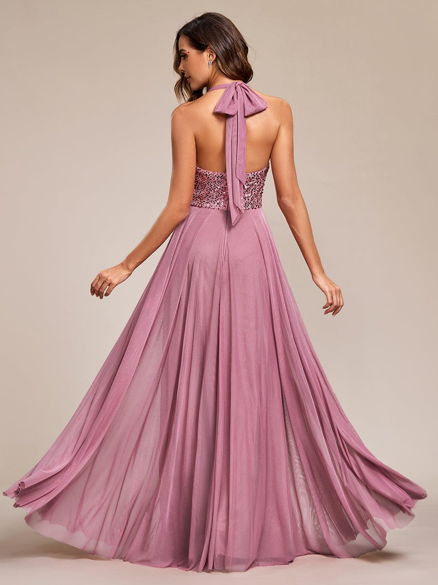 Sparkling Halter Neck A-Line Tulle Evening Gown with Sequins