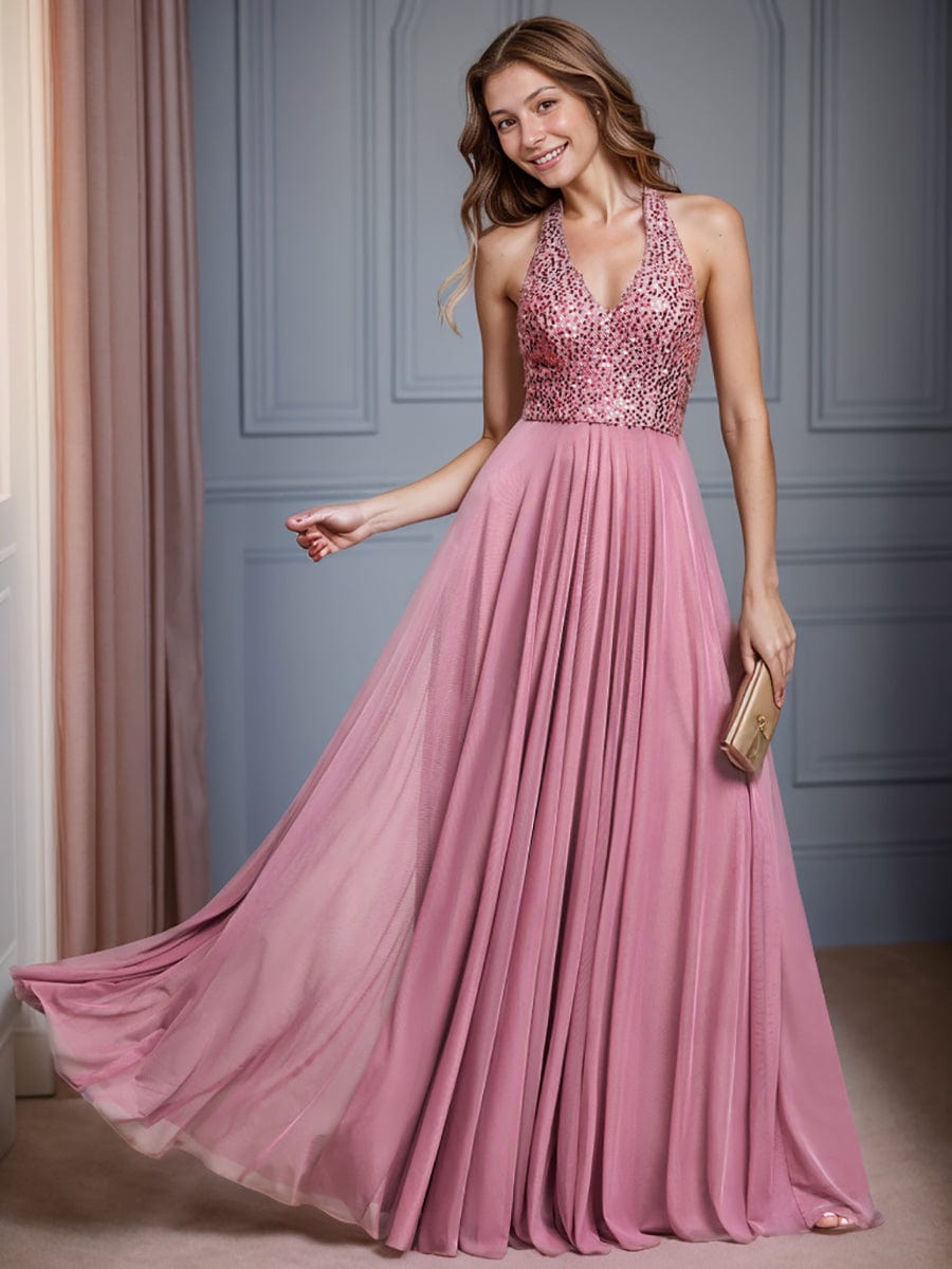 Sparkling Halter Neck A-Line Tulle Evening Gown with Sequins