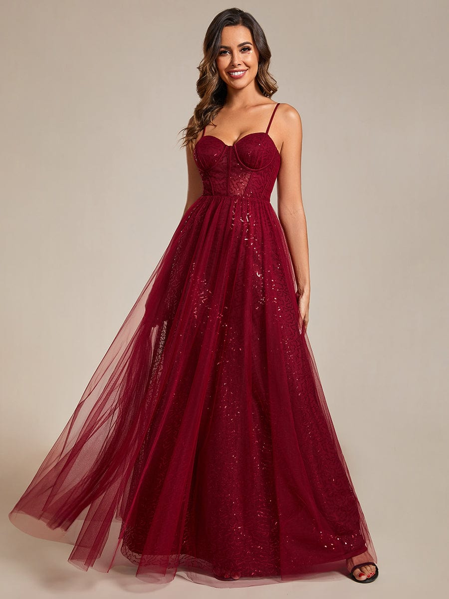 Sequin Embellished A-Line Evening Gown with Illusion Neckline and Tulle Overlay