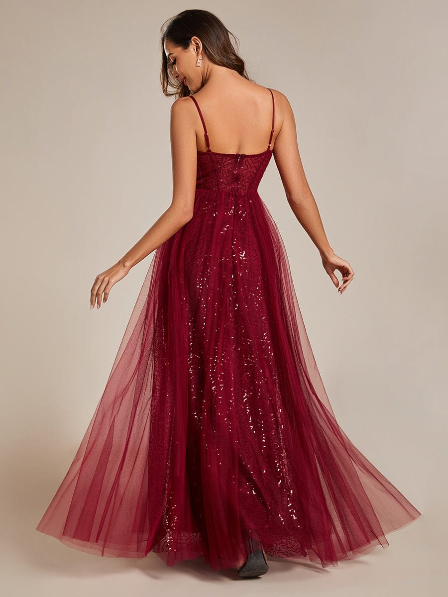 Sequin Embellished A-Line Evening Gown with Illusion Neckline and Tulle Overlay