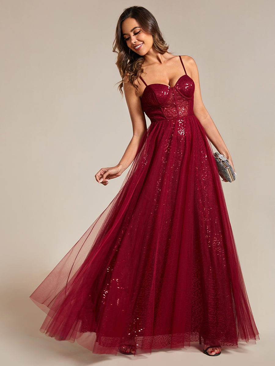 Sequin Embellished A-Line Evening Gown with Illusion Neckline and Tulle Overlay