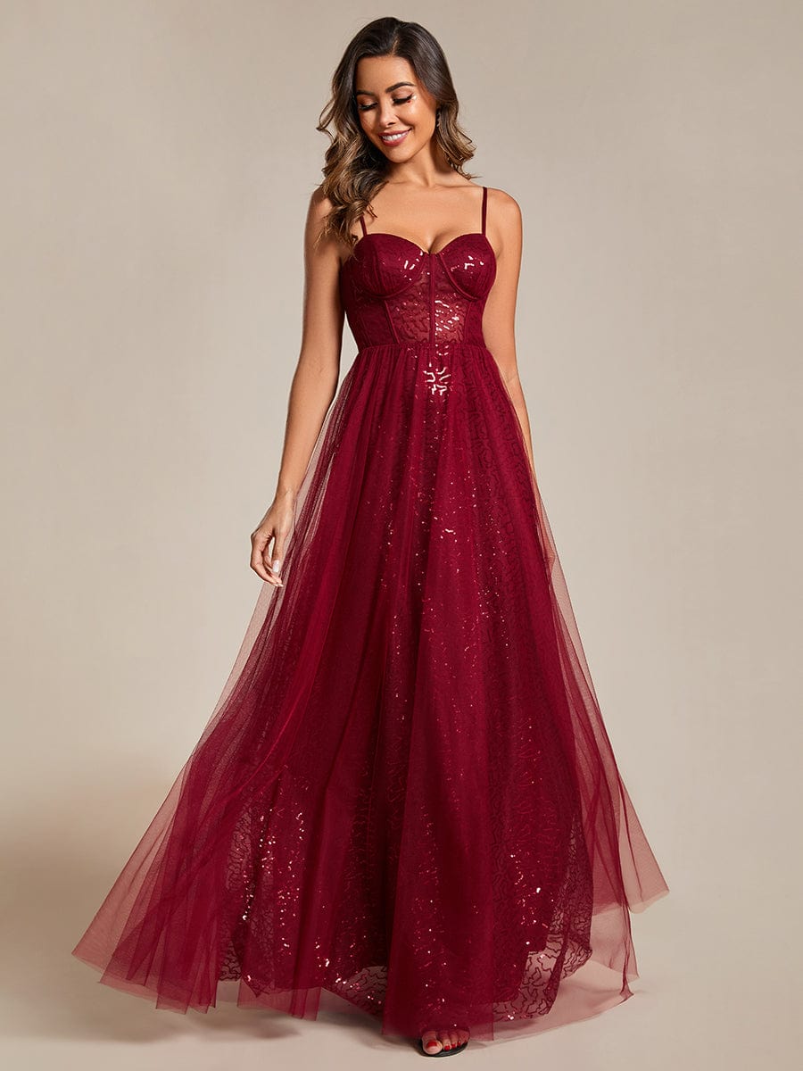 Sequin Embellished A-Line Evening Gown with Illusion Neckline and Tulle Overlay