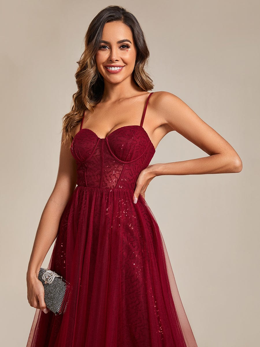 Sequin Embellished A-Line Evening Gown with Illusion Neckline and Tulle Overlay