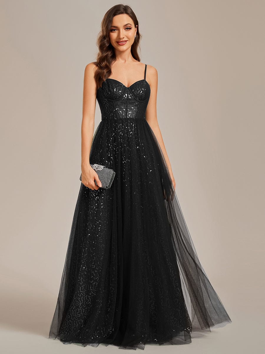 Sequin Embellished A-Line Evening Gown with Illusion Neckline and Tulle Overlay