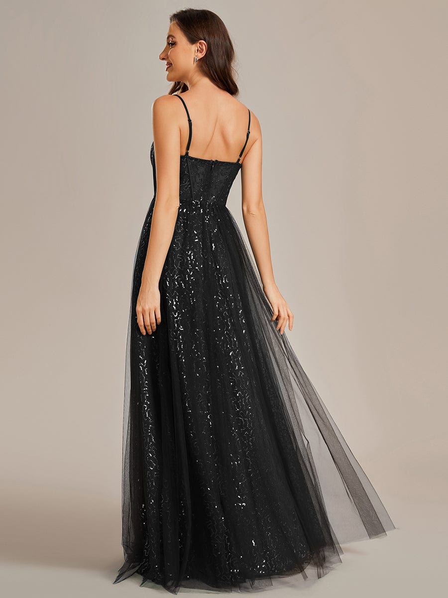 Sequin Embellished A-Line Evening Gown with Illusion Neckline and Tulle Overlay