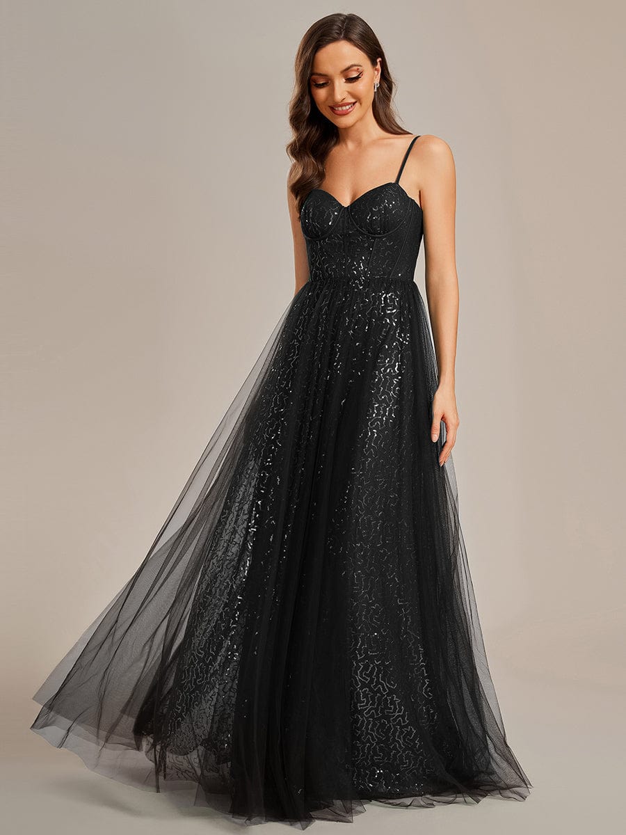 Sequin Embellished A-Line Evening Gown with Illusion Neckline and Tulle Overlay
